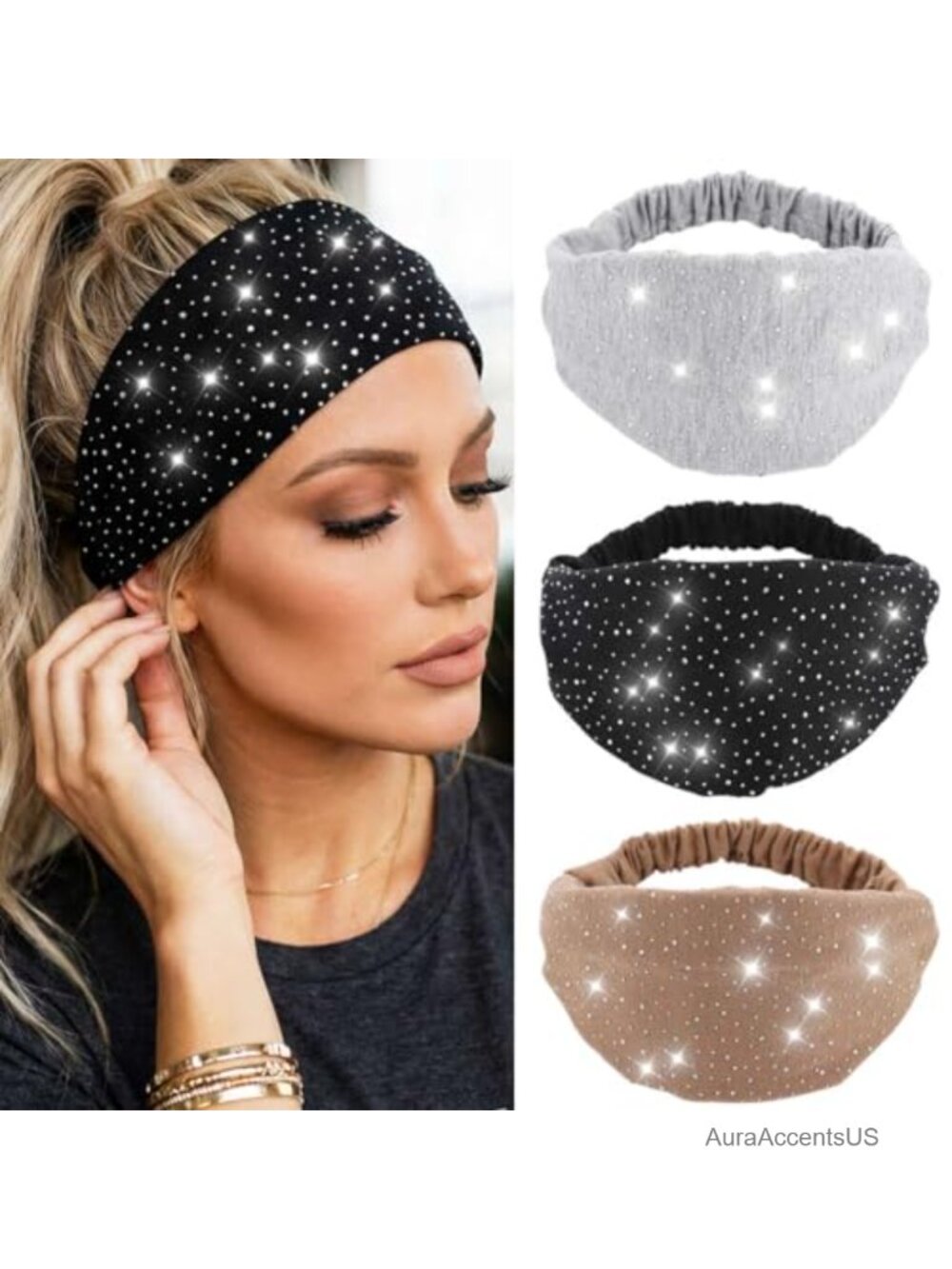 Rhinestone Headband Wide Head Wraps Elastic Turban Hair Accessories for Women